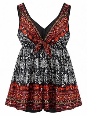 DANIFY Swim Dress One Piece Black Red Boho Print Built In Shorts Size 2X modest